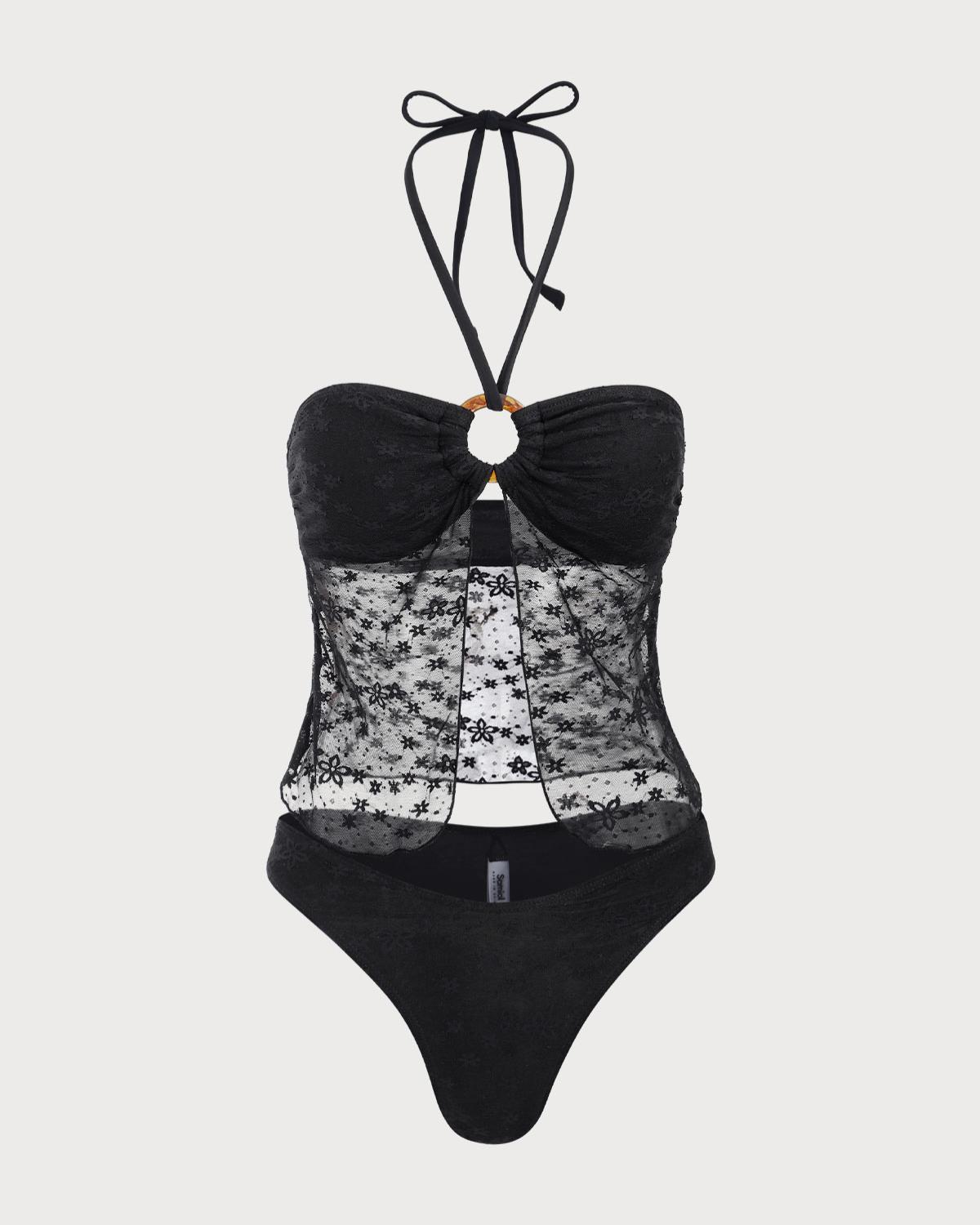 Black Lace Halter Tankini Swimsuit Product Image