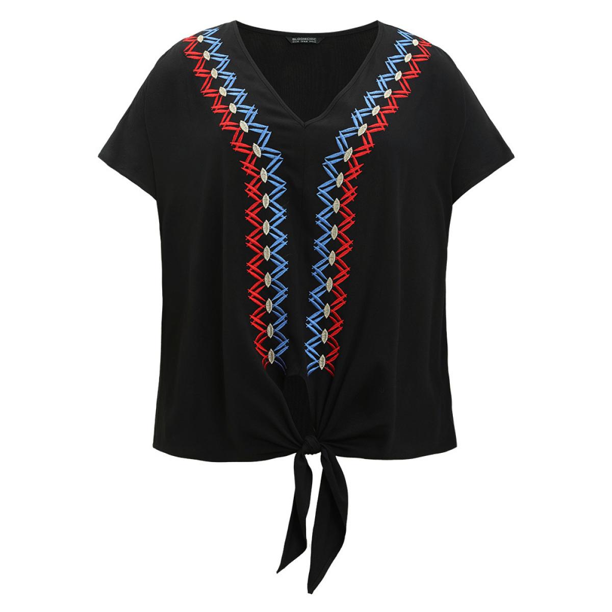 Plus Size Black Contrast Embroidered Twist Front V Neck Blouse Women Vacation Short sleeve V-neck Dailywear Blouses BloomChic 12/L Product Image