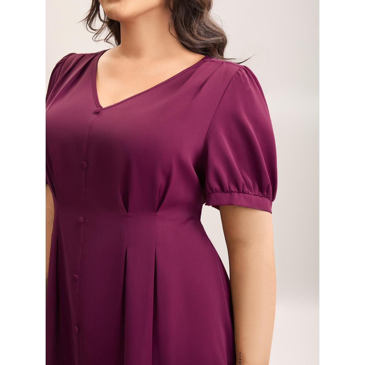 Plus Size Plum Button Detail Waist-Cinched A Line Blouse Women At the Office Short sleeve V-neck Work Blouses BloomChic 14-16/1X Product Image