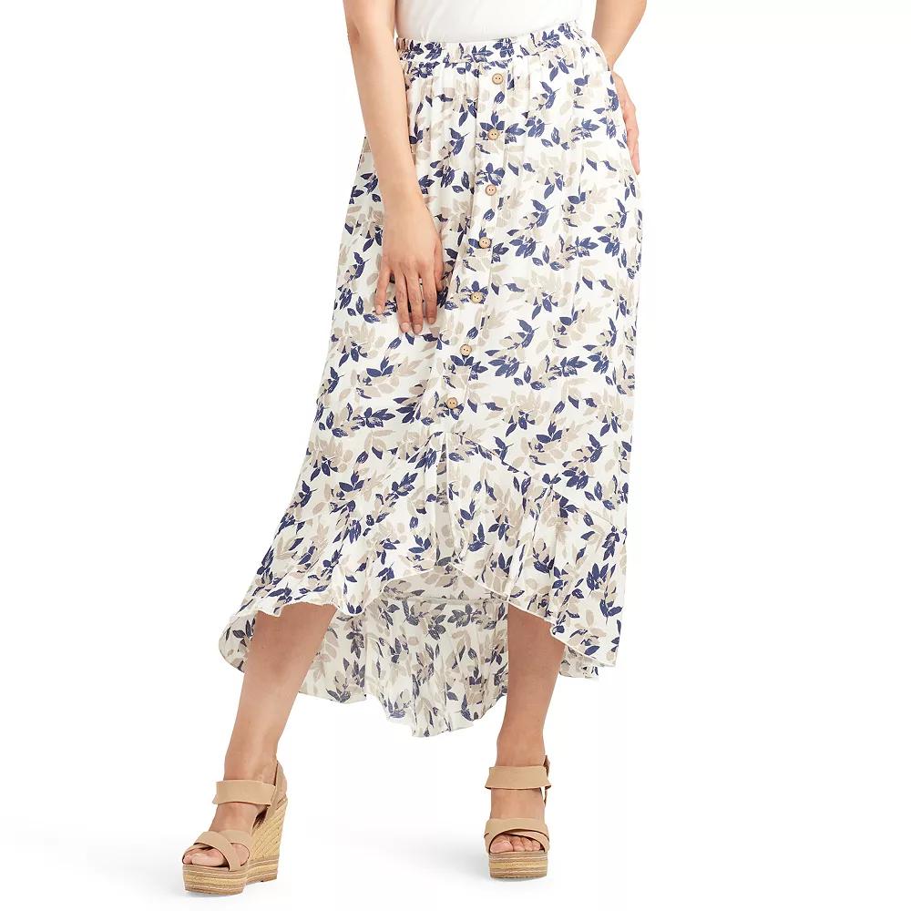 Womens AB Studio Pull On High-Low Ruffle Hem Skirt Sand Blue Leaves Product Image