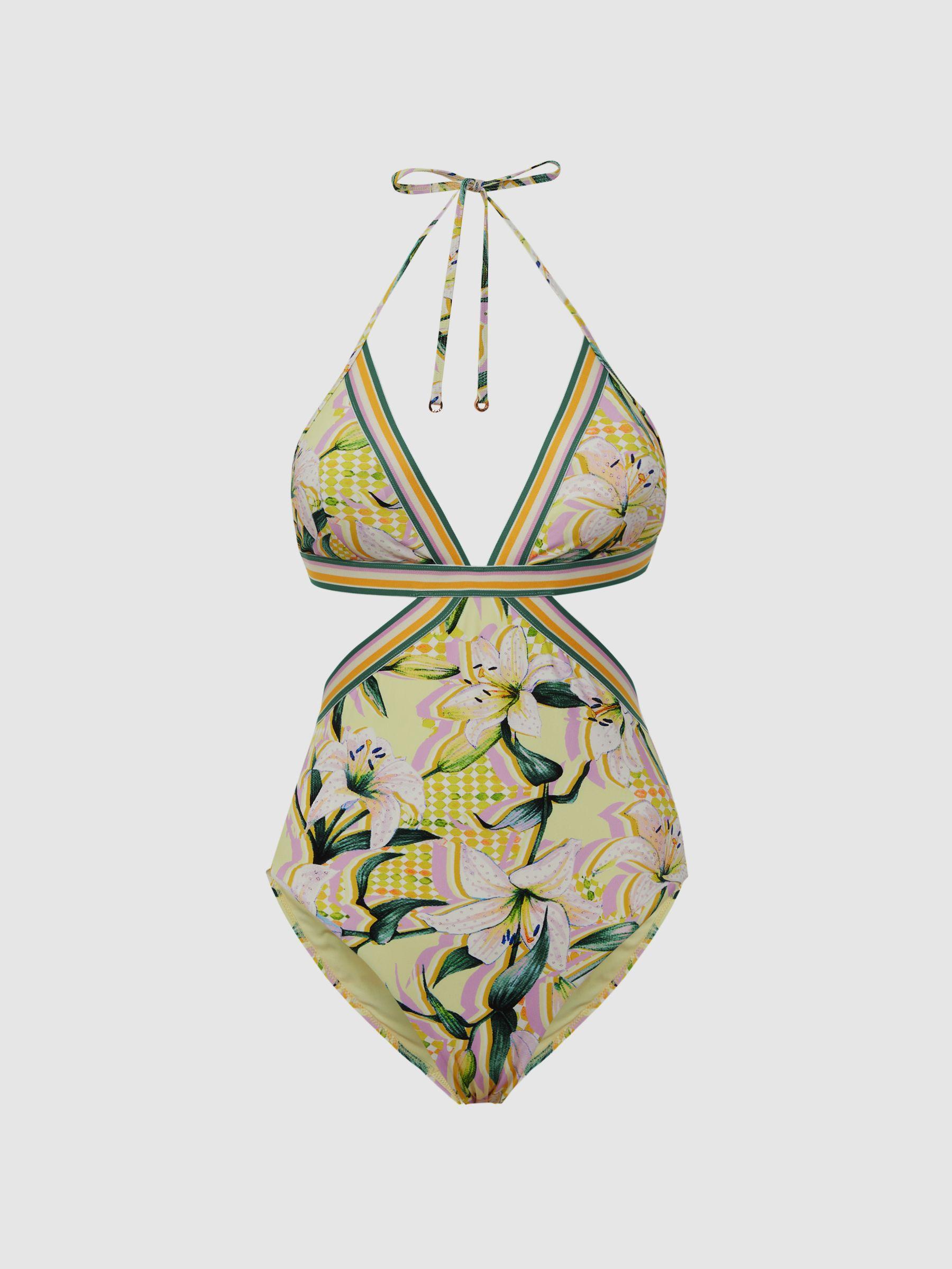 Floral Print Cut-Out Swimsuit in Yellow Print Product Image