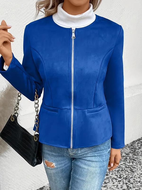 Long Sleeves Loose Pockets Solid Color Split-Joint Zipper Round-Neck Jackets Outerwear Product Image