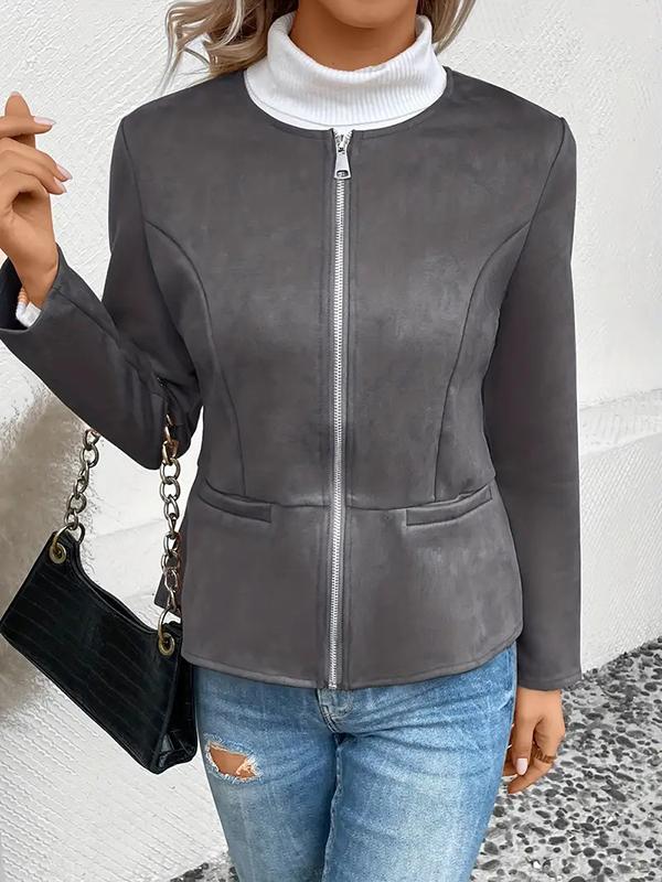 Long Sleeves Loose Pockets Solid Color Split-Joint Zipper Round-Neck Jackets Outerwear Product Image