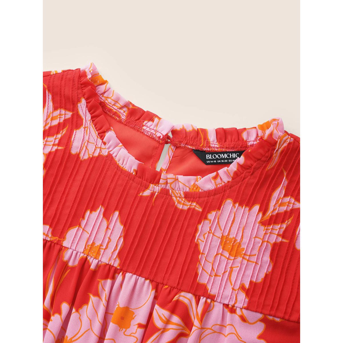 Plus Size Brightred Floral Stand Collar Pleated Tiered Ruffles Blouse Women Elegant Short sleeve Stand-up collar Everyday Blouses BloomChic 12/L Product Image