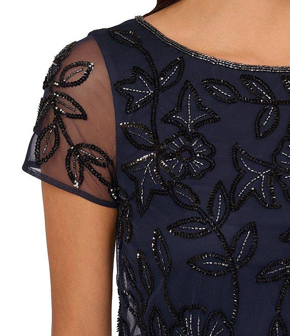 Adrianna Papell Beaded Mesh Boat Neck Short Sleeve Blouson Dress Product Image