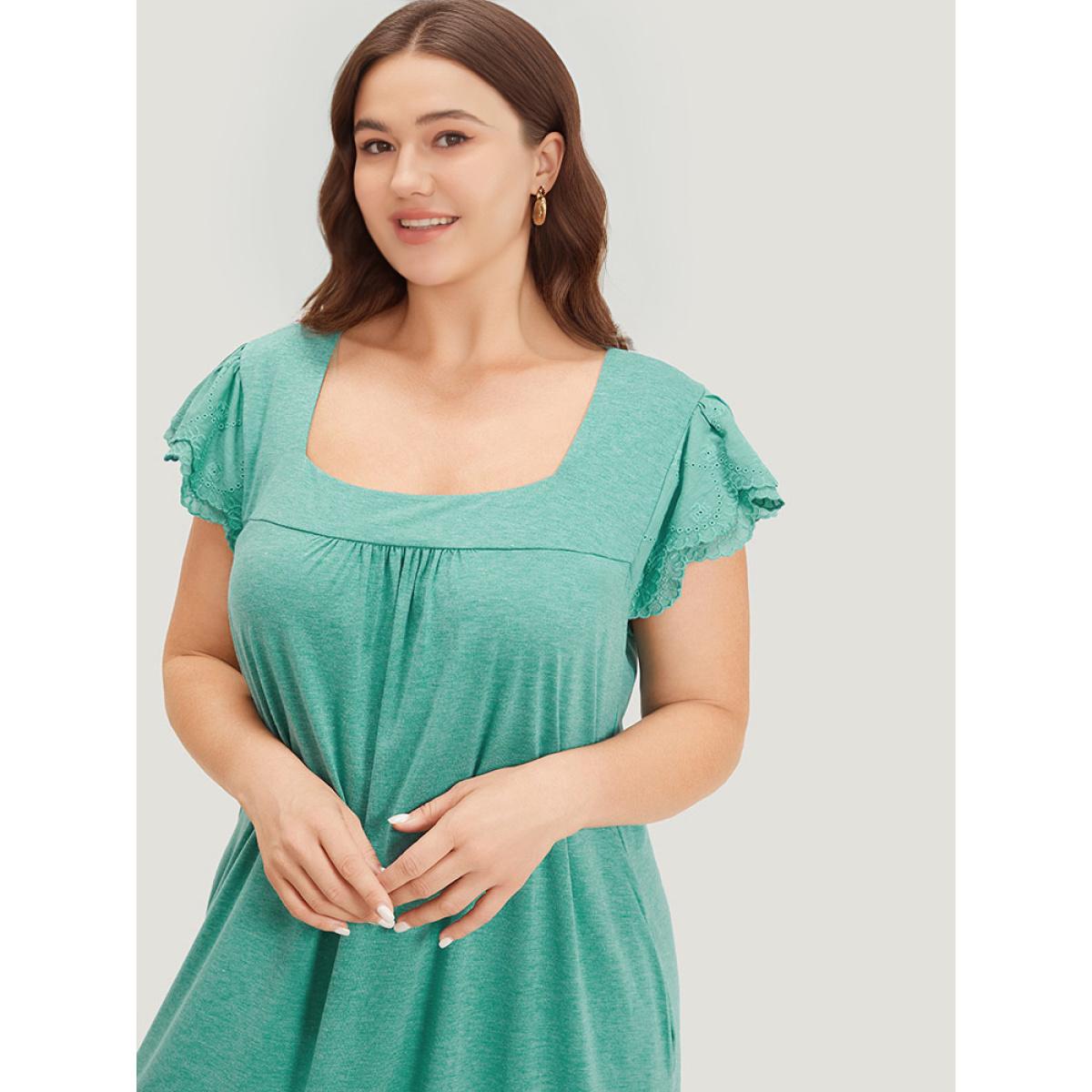 Plus Size Supersoft Essentials Lace Panel Square Neck Layered Dress Emerald Women Casual Gathered Square Neck Cap Sleeve Curvy Knee Dress BloomChic 30/6X Product Image