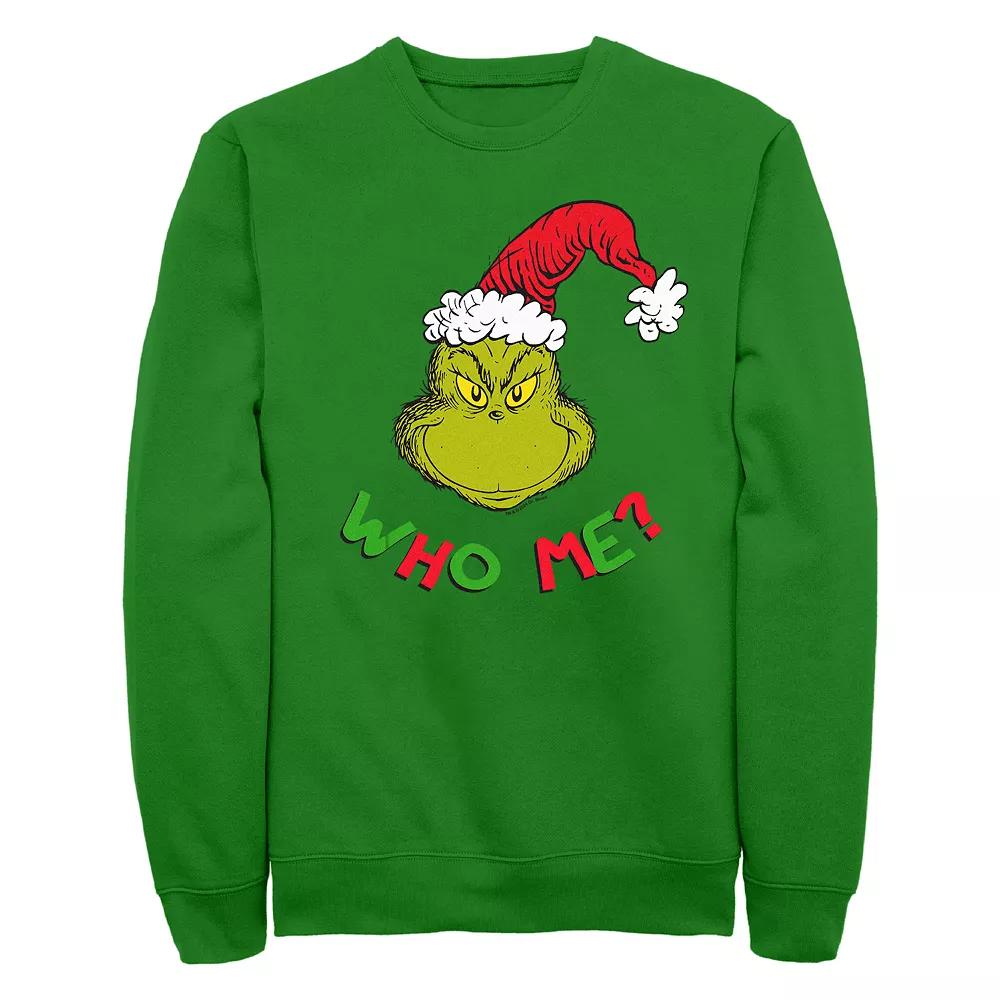 Men's Dr. Seuss Grinch Who Me Fleece Sweatshirt, Size: XL, Kelly Product Image