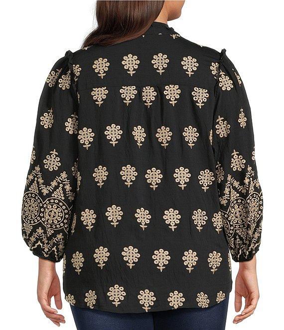 Calessa Plus Size Embroidered Medallion Split V-Neck Wrist Sleeve Button Front Tunic Product Image