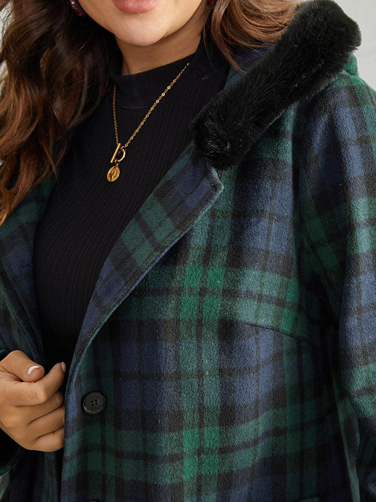 Plaid Button Fly Hooded Fuzzy Trim Coat Female Product Image