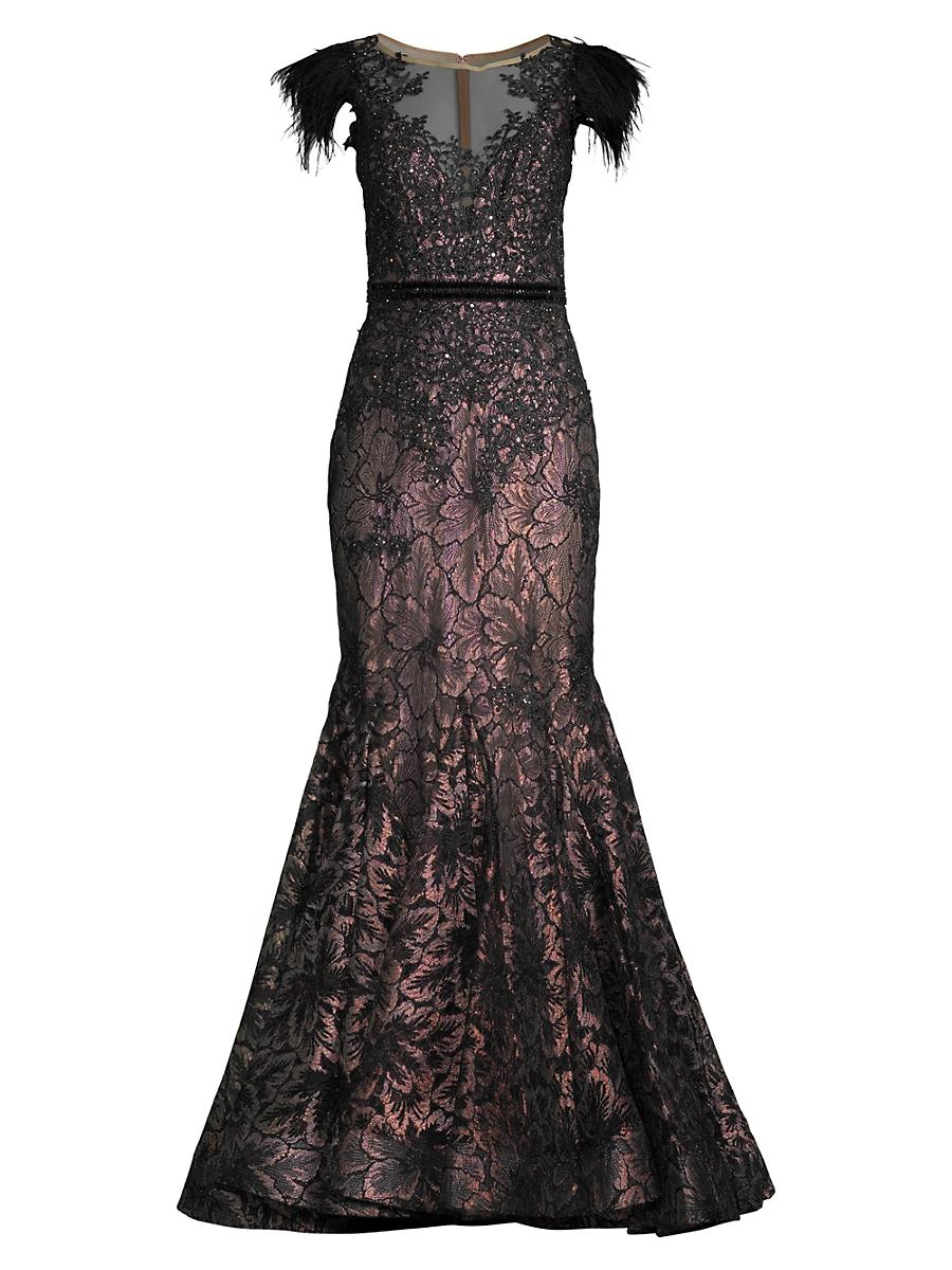 Mac Duggal Embellished Feather Cap Sleeve Illusion Neck Trumpet Gown Product Image