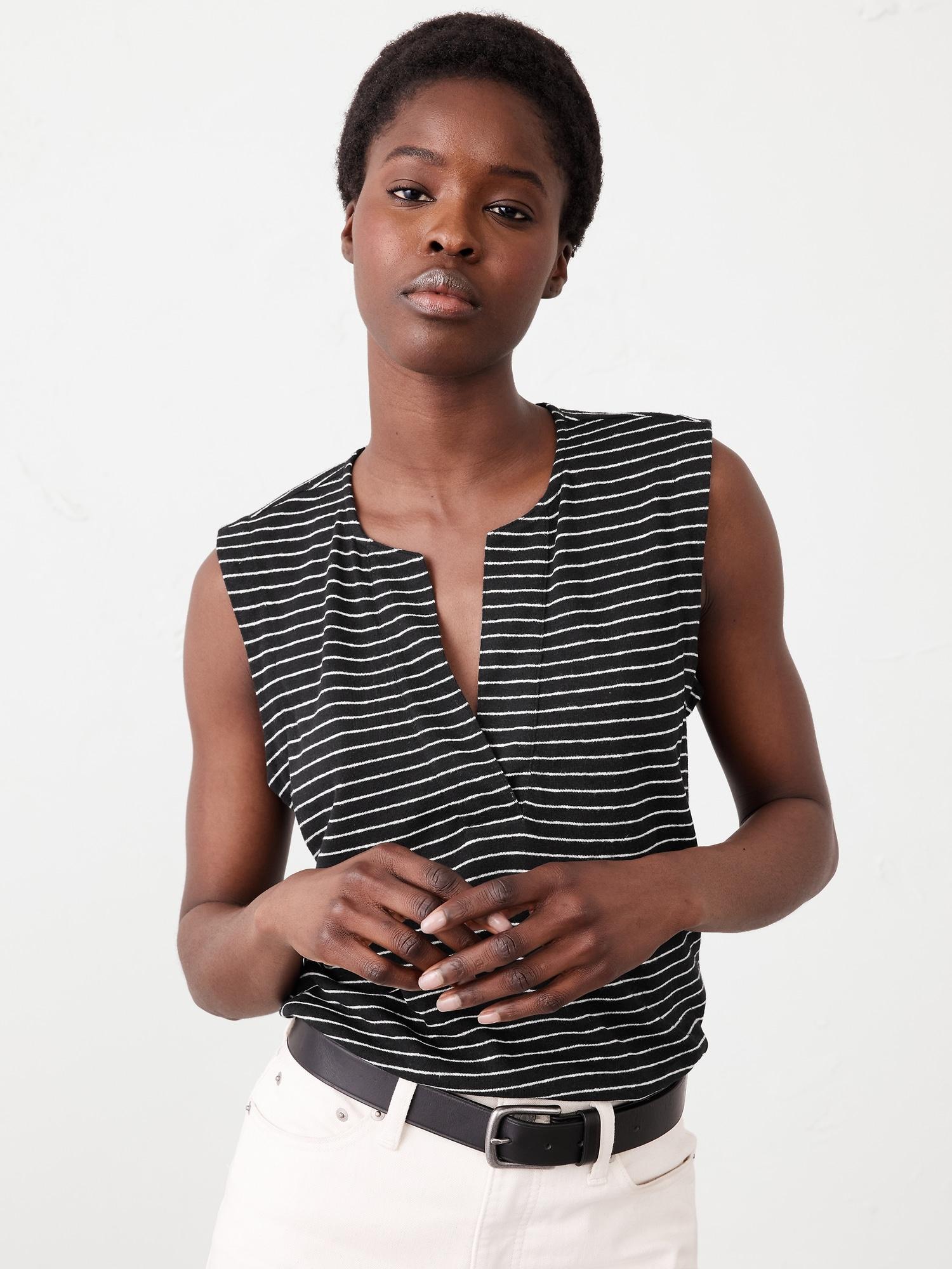 Linen-Blend Split-Neck Tank Product Image