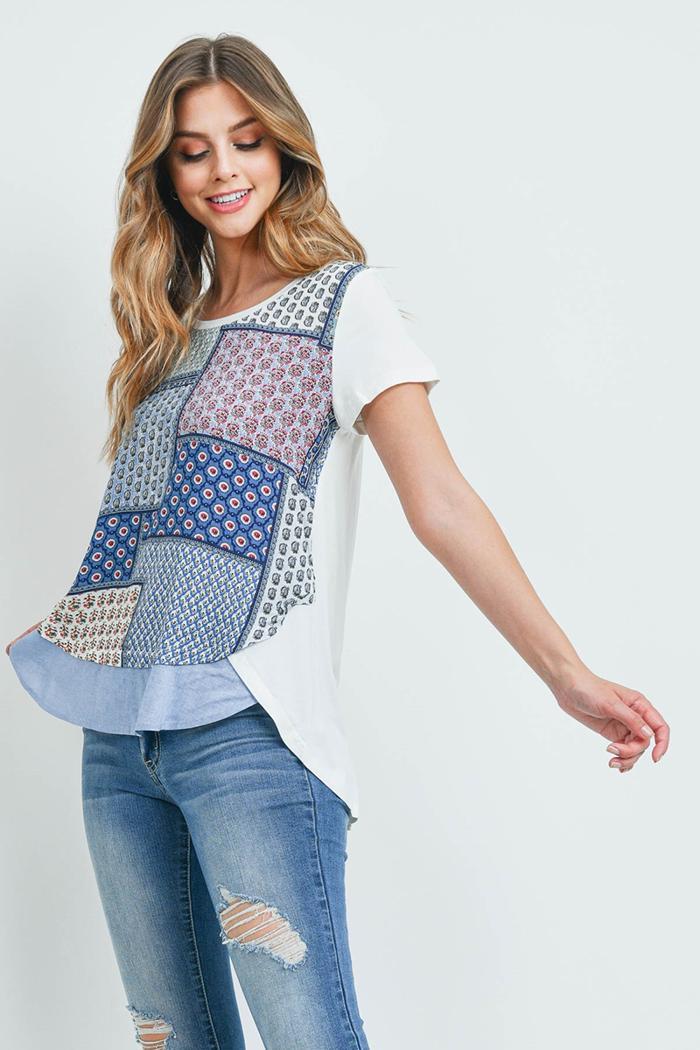 Patchwork Print Contrast Top Product Image