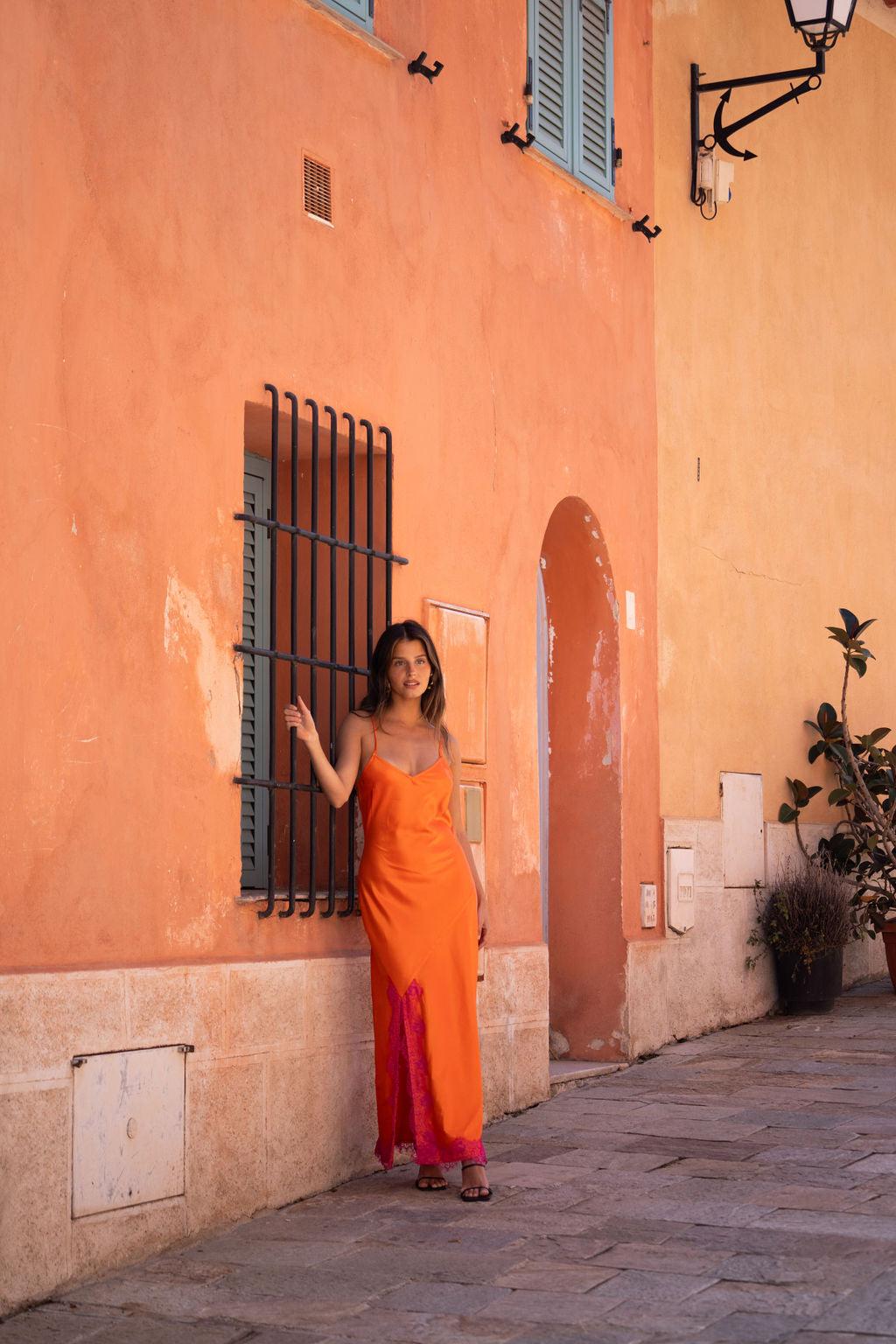 Gigi Orange Satin Maxi Dress Product Image