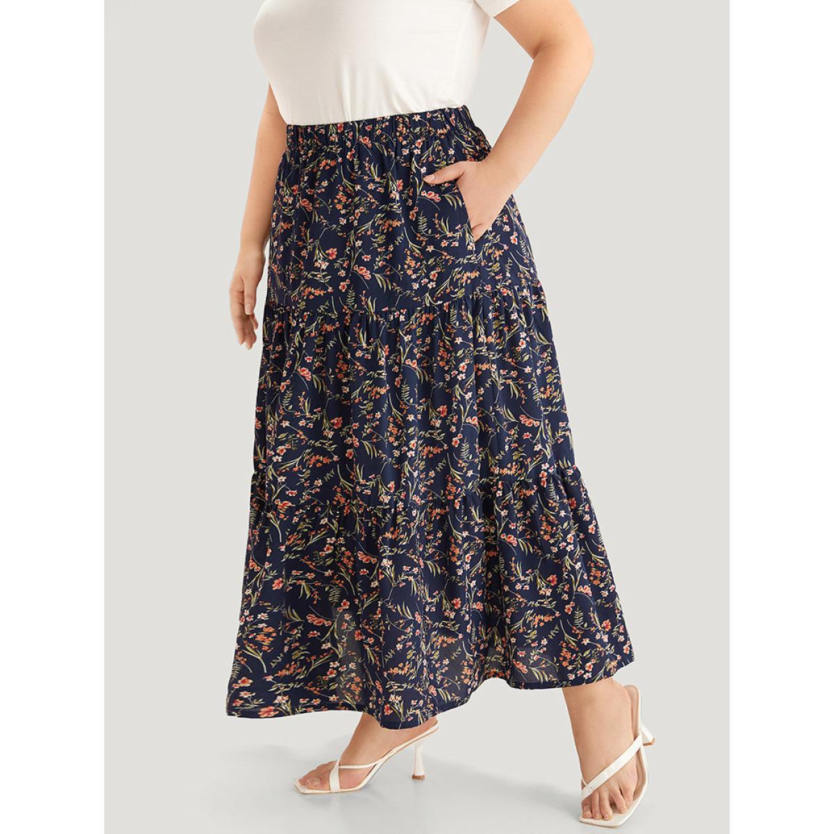 Plus Size Floral Print Ruffle Layered Hem Pocket Elastic Waist Skirt Women Indigo Elegant Elastic Waist No stretch Pocket Dailywear Skirts BloomChic 22-24/3X Product Image