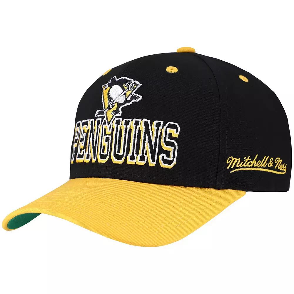 Mens Mitchell & Ness /Gold Pittsburgh Penguins Backside Script Two-Tone Pro Crown Adjustable Hat Product Image