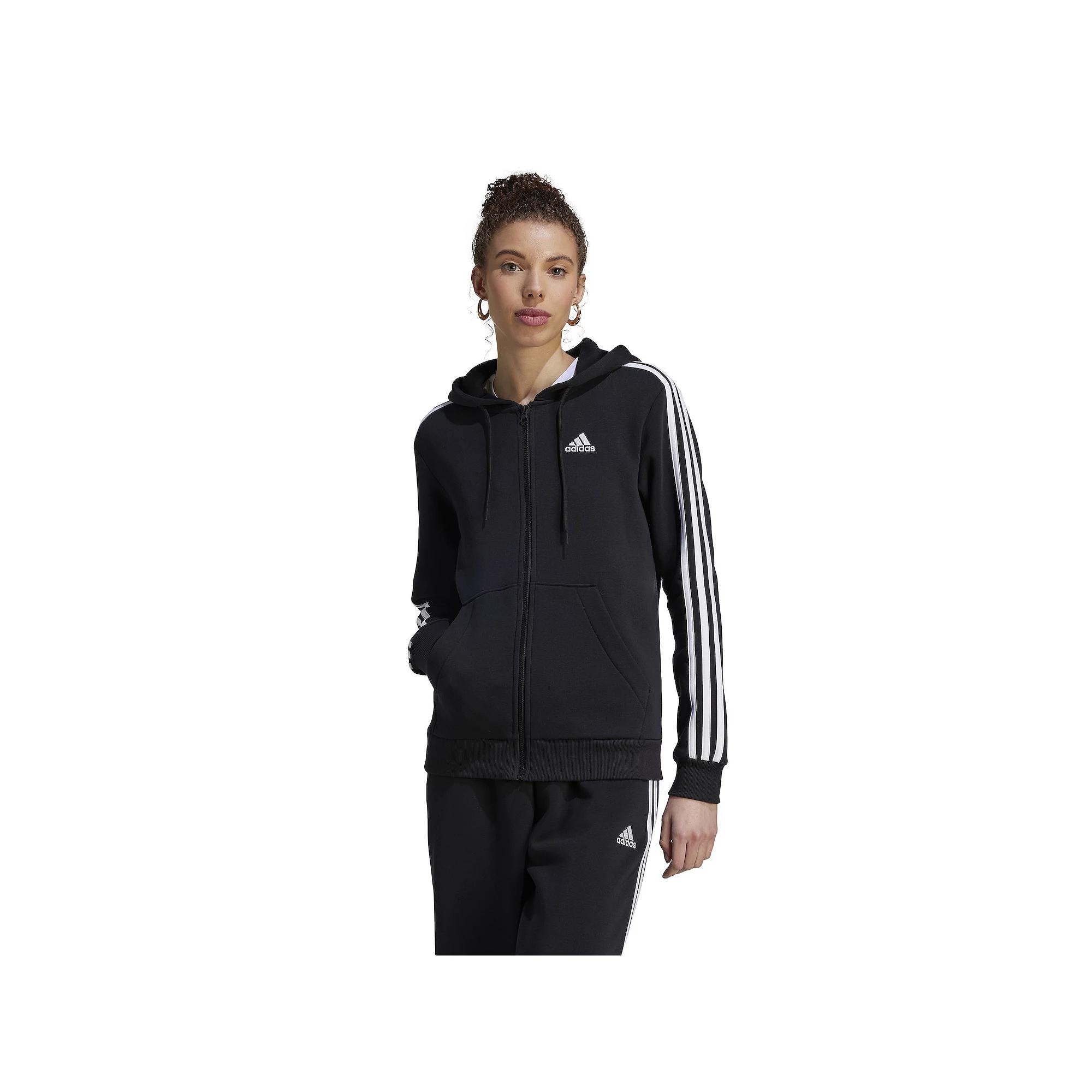 Women's adidas Essentials 3-Stripes Full-Zip Fleece Hoodie, Size: XS, Black White Product Image