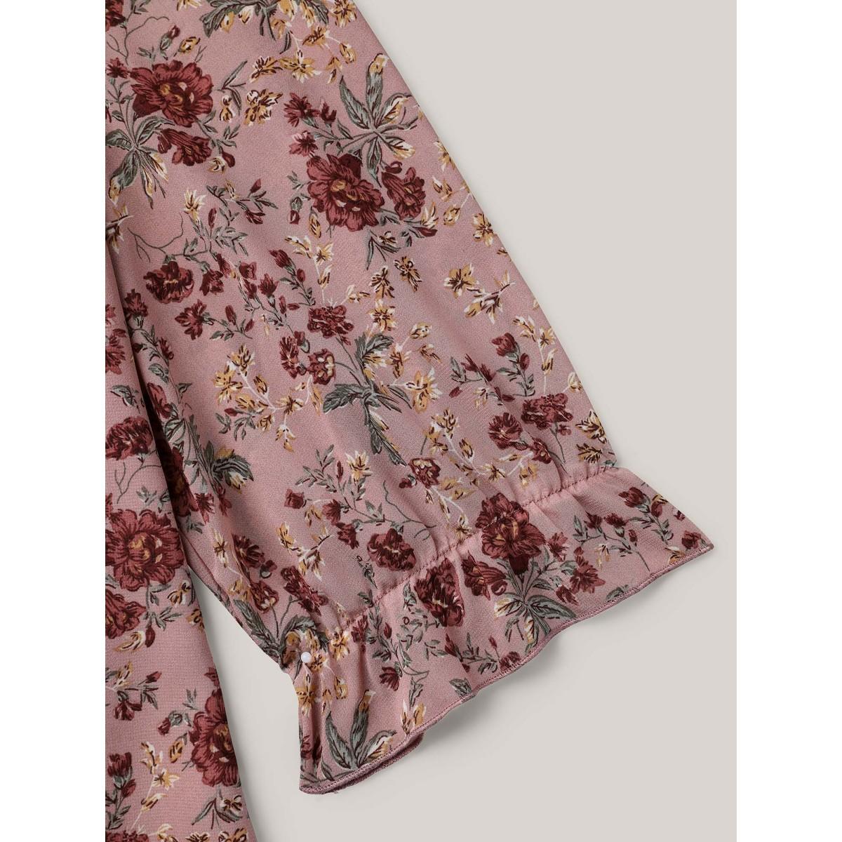 Plus Size Rouge Chiffon Floral Print Ruffled Neck Flowy Shirt Women Romantic Elbow-length sleeve V-neck Elegant Blouses BloomChic 18-20/2X Product Image