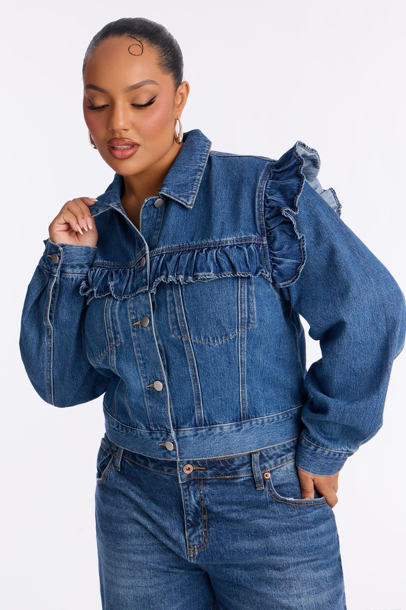 Scandi Ruffled Denim Jacket - Dark Wash Female Product Image