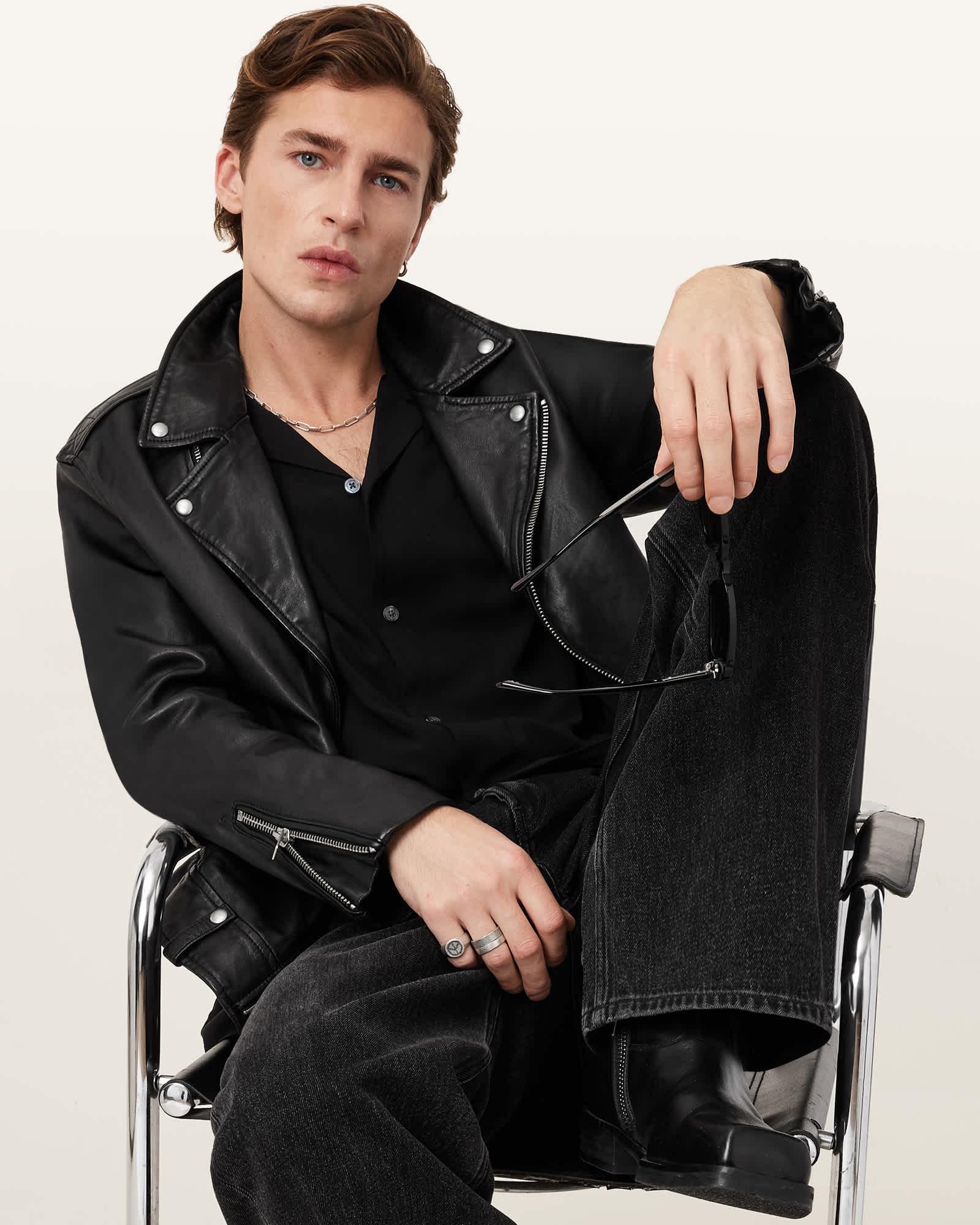 Milo Asymmetric Zip Leather Biker Jacket Black | ALLSAINTS US Product Image