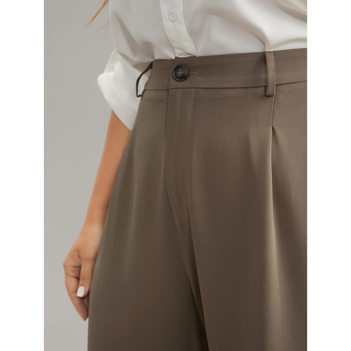 Plus Size Plain Plicated Detail Straight Leg Pants Women DarkBrown Office Wide Leg High Rise Work Pants BloomChic 10/M Product Image