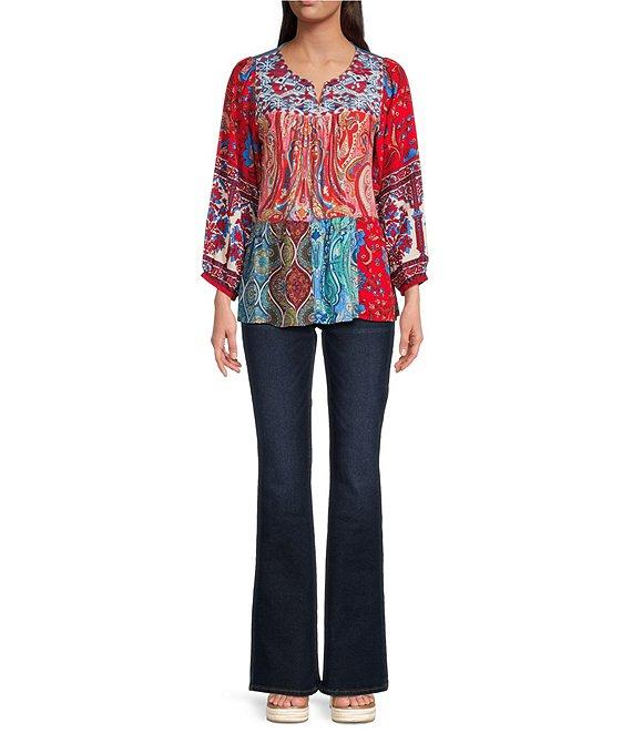Calessa Embroidered Printed Split V-Neck 3/4 Sleeve Tunic Product Image