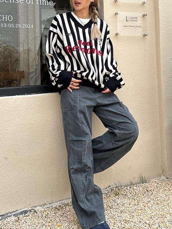 American Retro Striped V-Neck Sweater Product Image