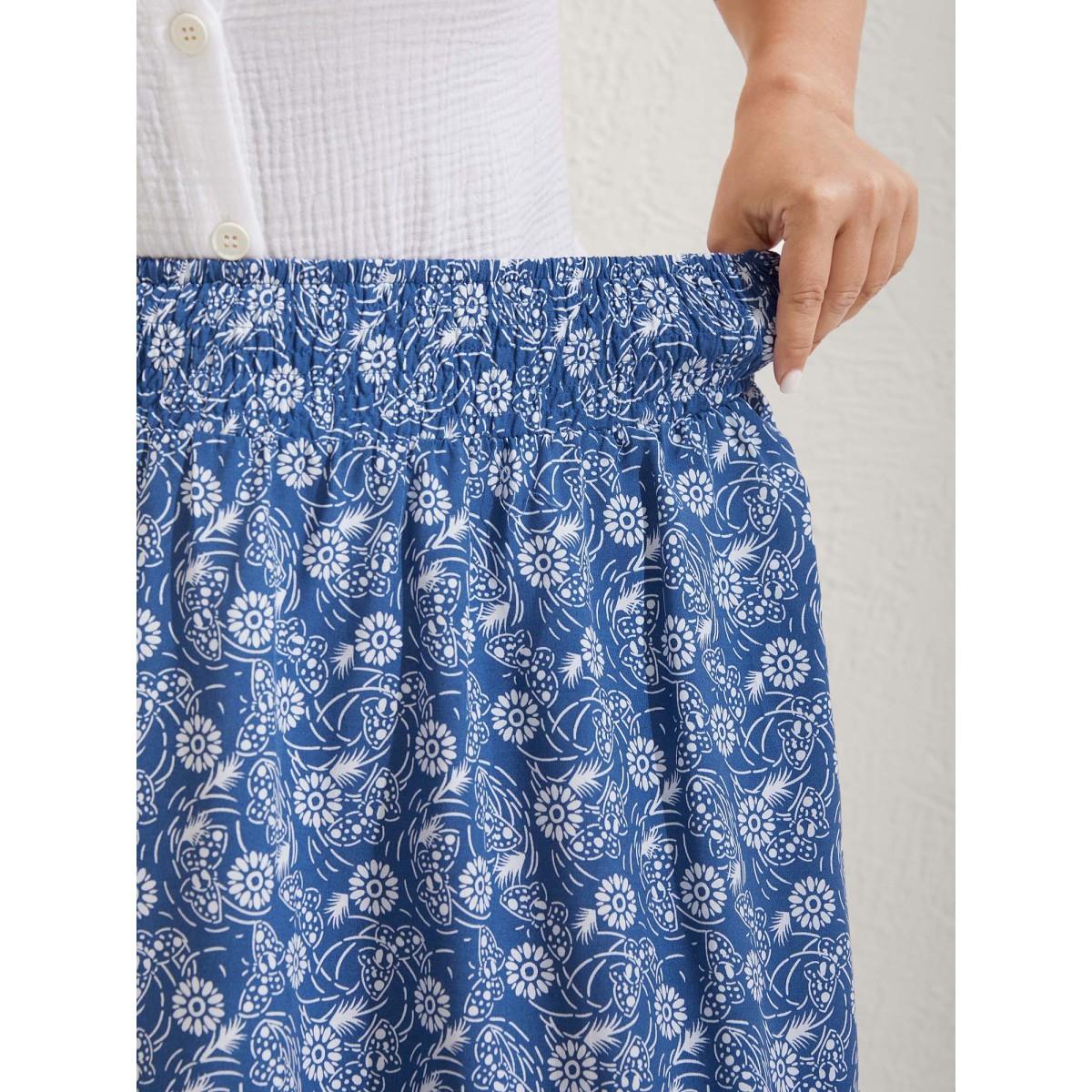 Plus Size Floral Patchwork Tiered Maxi Skirt Women Mediumblue Boho Gathered Loose No stretch Side seam pocket Vacation Skirts BloomChic 14-16/1X Product Image