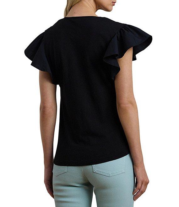 Lauren Ralph Lauren Cotton Blend V-Neck Lace Trim Tee Product Image