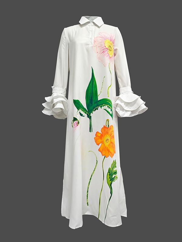 A-Line Flared Sleeves Floral Printed Split-Joint Split-Side Lapel Collar Maxi Dresses Shirt Dress Product Image