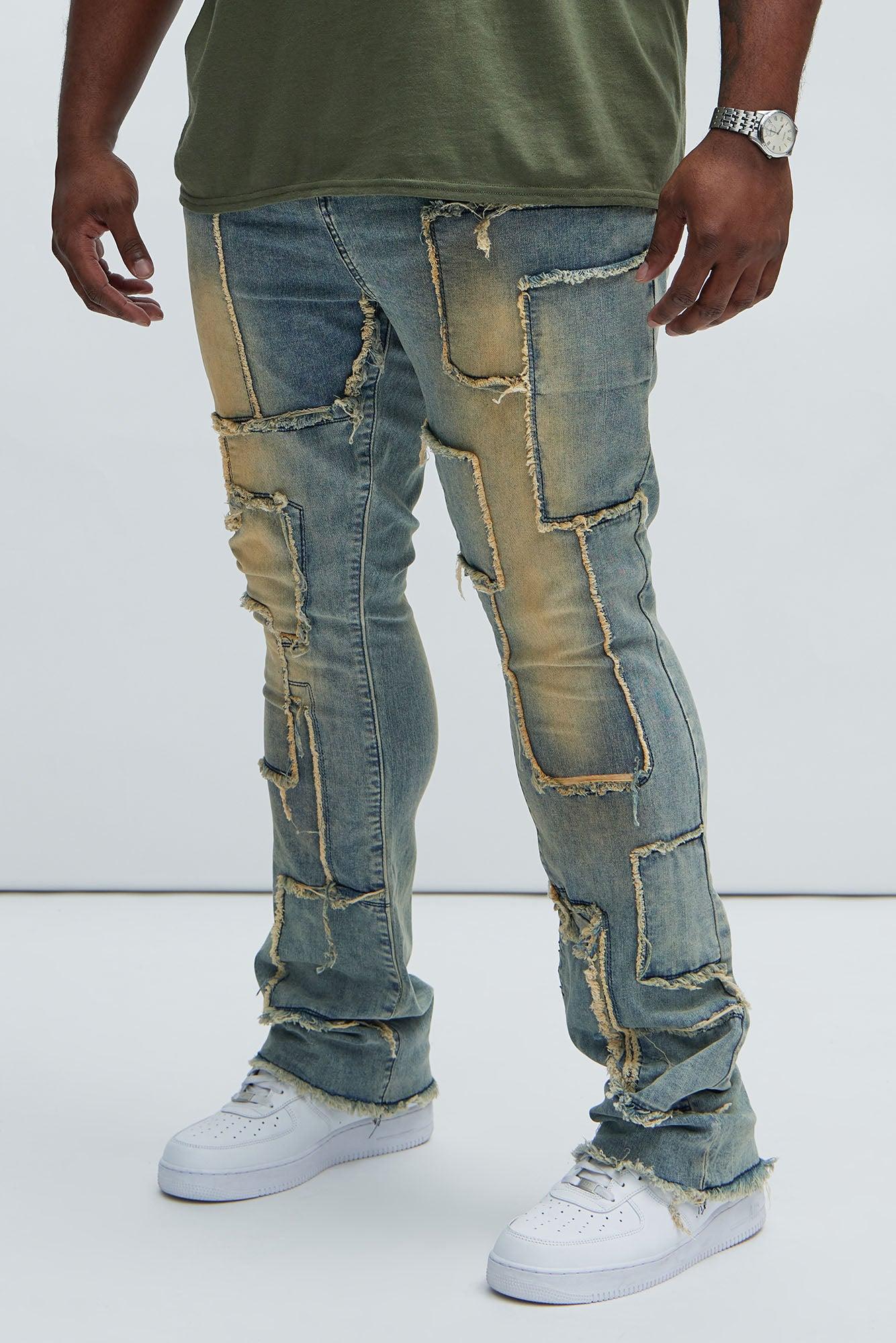 Frayed Patches Stacked Skinny Flare Jeans - Vintage Blue Wash Product Image