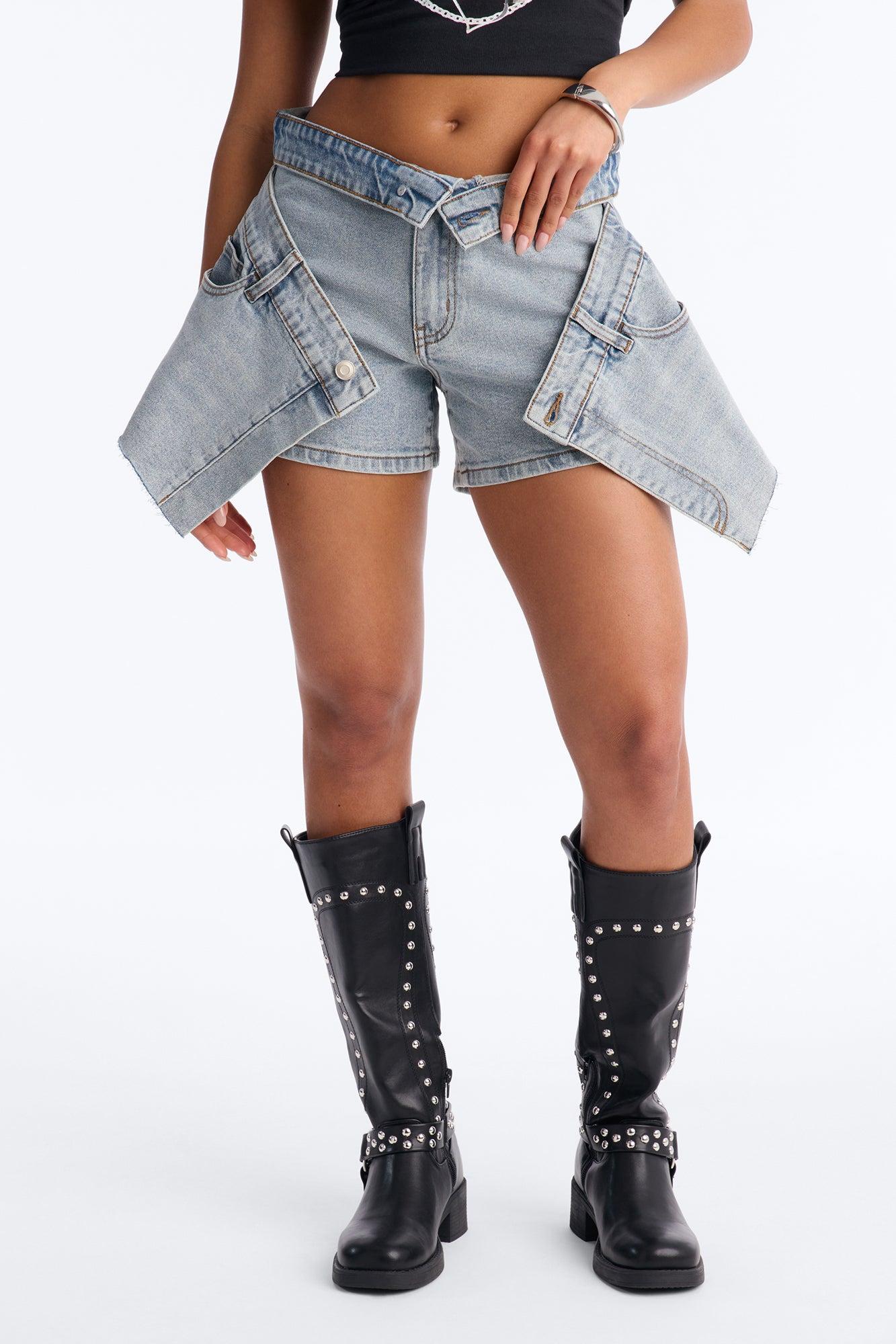 Tempt Me Foldover Tempt Me Foldover Waist Denim Mini Skort - Vintage Wash Female Product Image