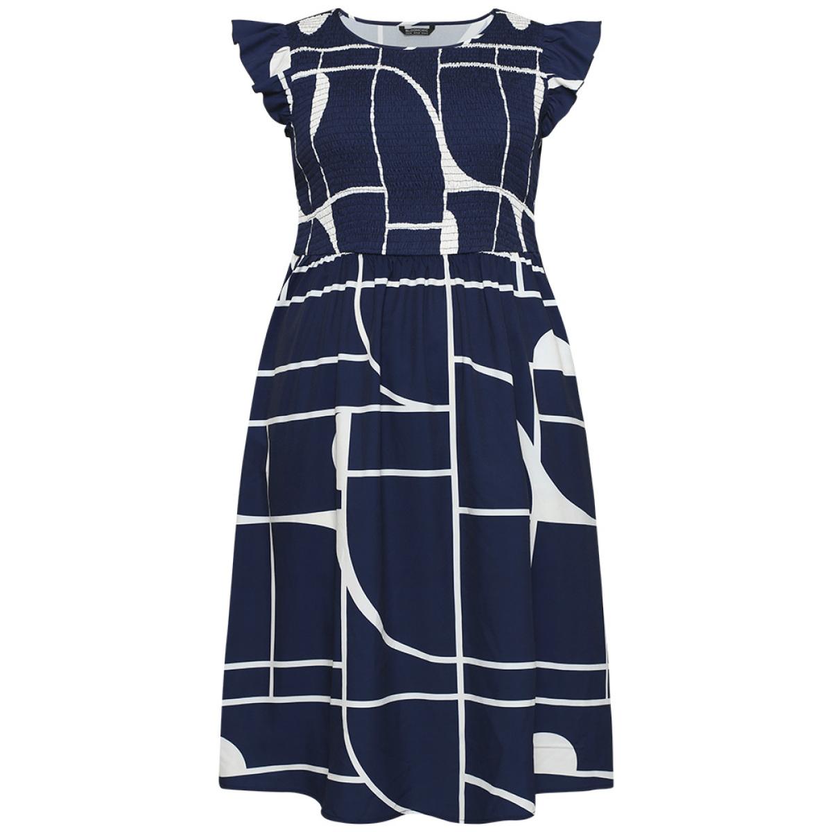 Plus Size Geometric Pocket Flutter Sleeve Shirred Dress Navy Women Office Pocket Round Neck Cap Sleeve Curvy Midi Dress BloomChic 28/5X Product Image