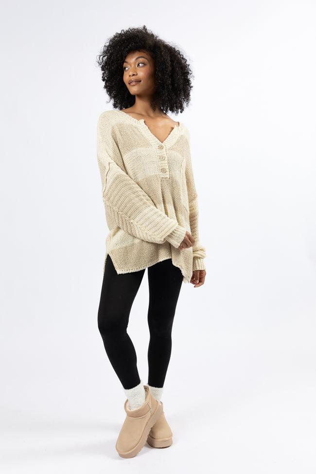 Know You Best Beige Oversized Striped Henley Sweater Product Image