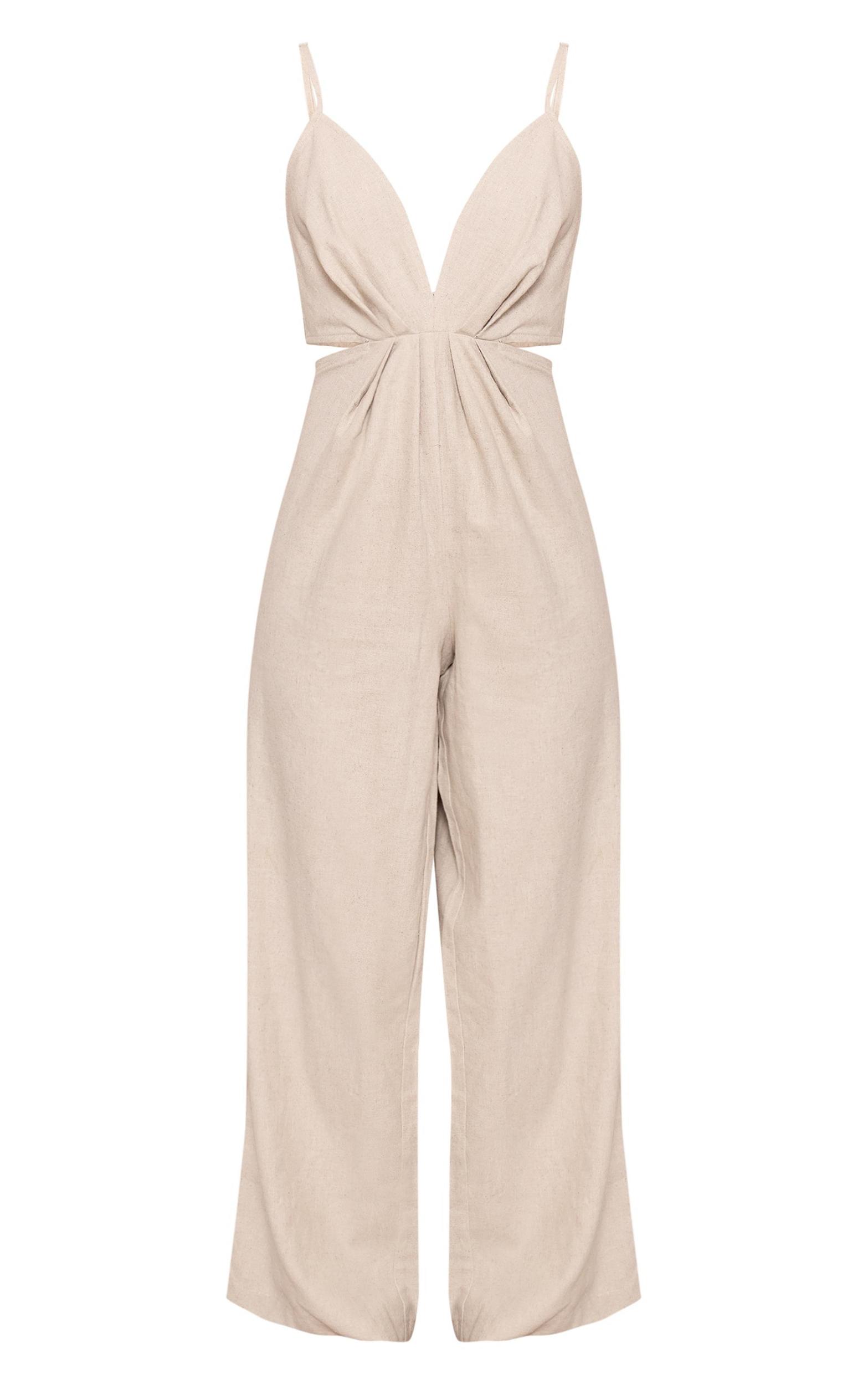 Oatmeal Structured Linen Twist Detail Strappy Wide Leg Jumpsuit Product Image