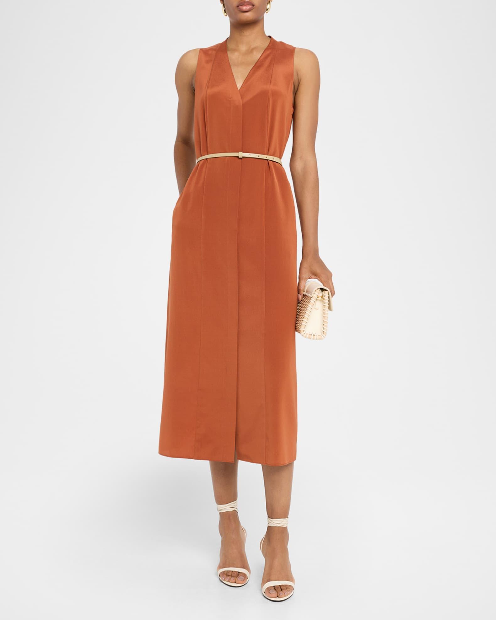 Sleeveless Stretch Silk Midi Dress with Leather Belt Product Image