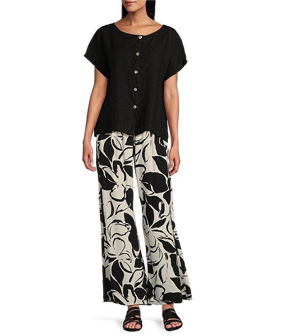 Bryn Walker Bessie Light Linen Crew Neck Cap Sleeve Boxy Button Front Shirt Product Image