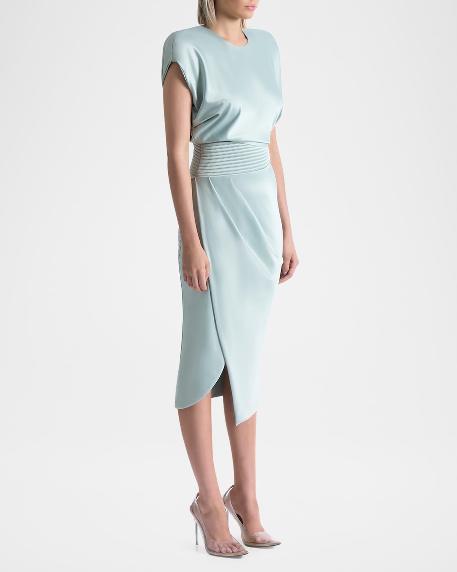 Bond Draped Stretch Satin Midi Sheath Dress Product Image
