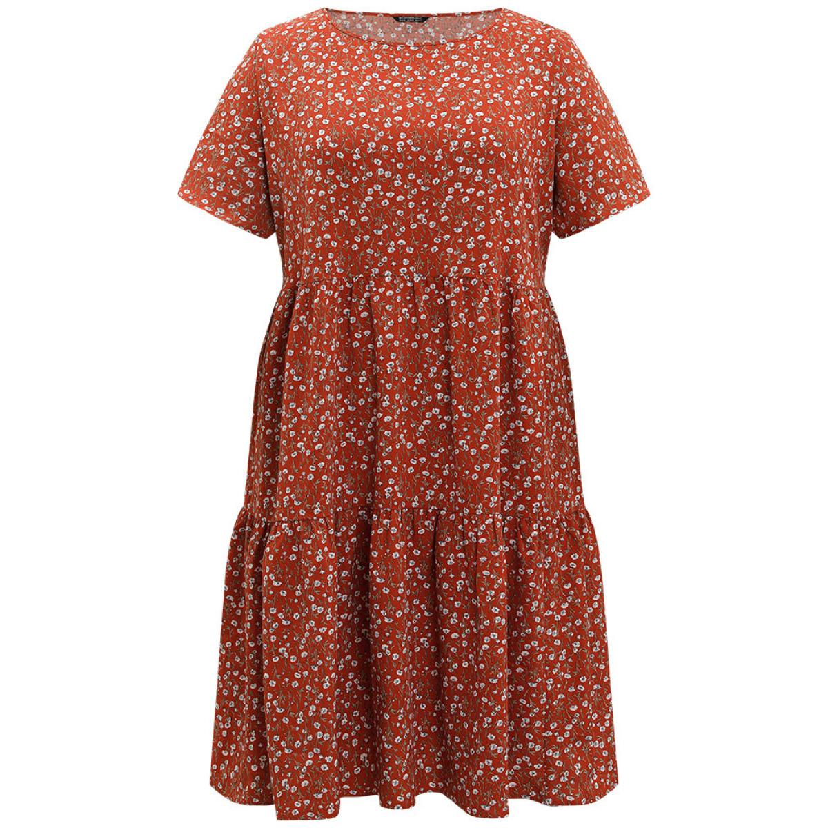 Plus Size Ditsy Floral Pocket Layered Patchwork Crew Neck Dress Russet Women Elegant Printed Round Neck Short sleeve Curvy Midi Dress BloomChic 22-24/3X Product Image