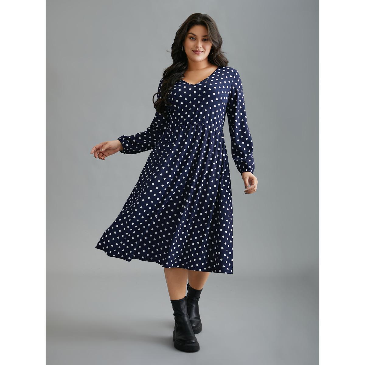 Plus Size V Neck Polka Dot Midi Dress DarkBlue Women Casual Non Knit Dresses Bloomchic 30/6X Product Image