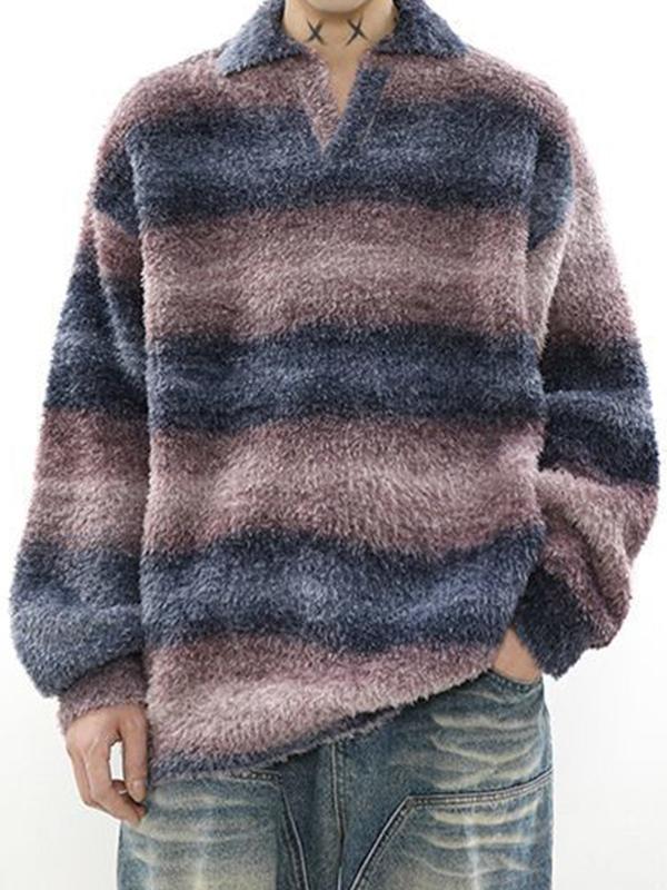 Men's Vintage Striped Lapel Neck Sweater Product Image