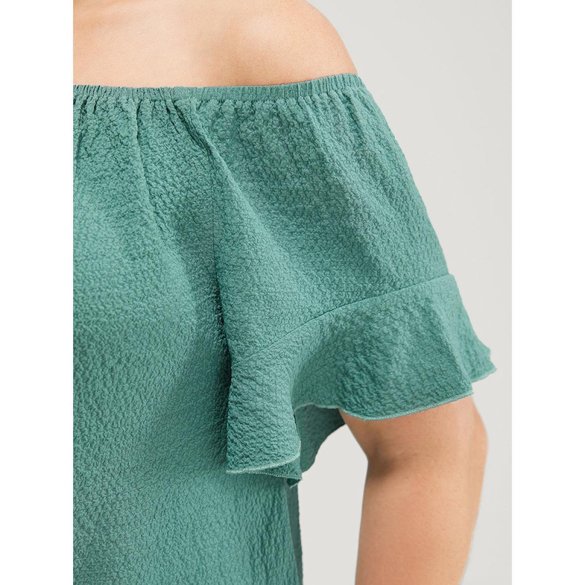 Plus Size Teal Solid Cut Out Knotted Hem Ruffle Sleeve One Shoulder Blouse Women Elegant Short sleeve One Shoulder Dailywear Blouses BloomChic 22-24/3X Product Image
