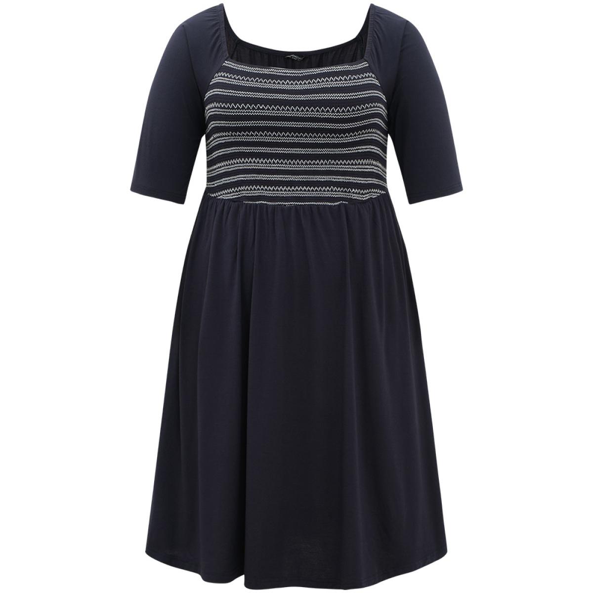 Plus Size Supersoft Essentials Striped Patchwork Pocket Gathered Square Neck Dress Indigo Women Casual Gathered Square Neck Short sleeve Curvy Midi Dress BloomChic 30/6X Product Image