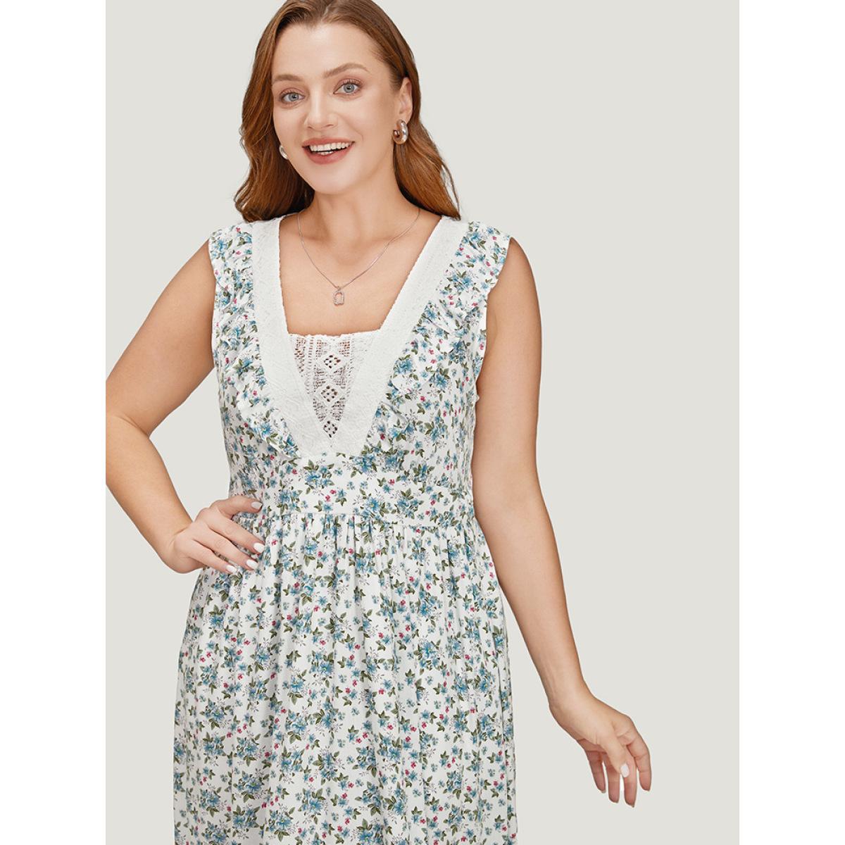 Plus Size Ditsy Floral Ruffles Pocket Empire Waist Crochet Lace Tank Dress WhiteSmoke Women Elegant Gathered V-neck Sleeveless Curvy Midi Dress BloomChic 14-16/1X Product Image