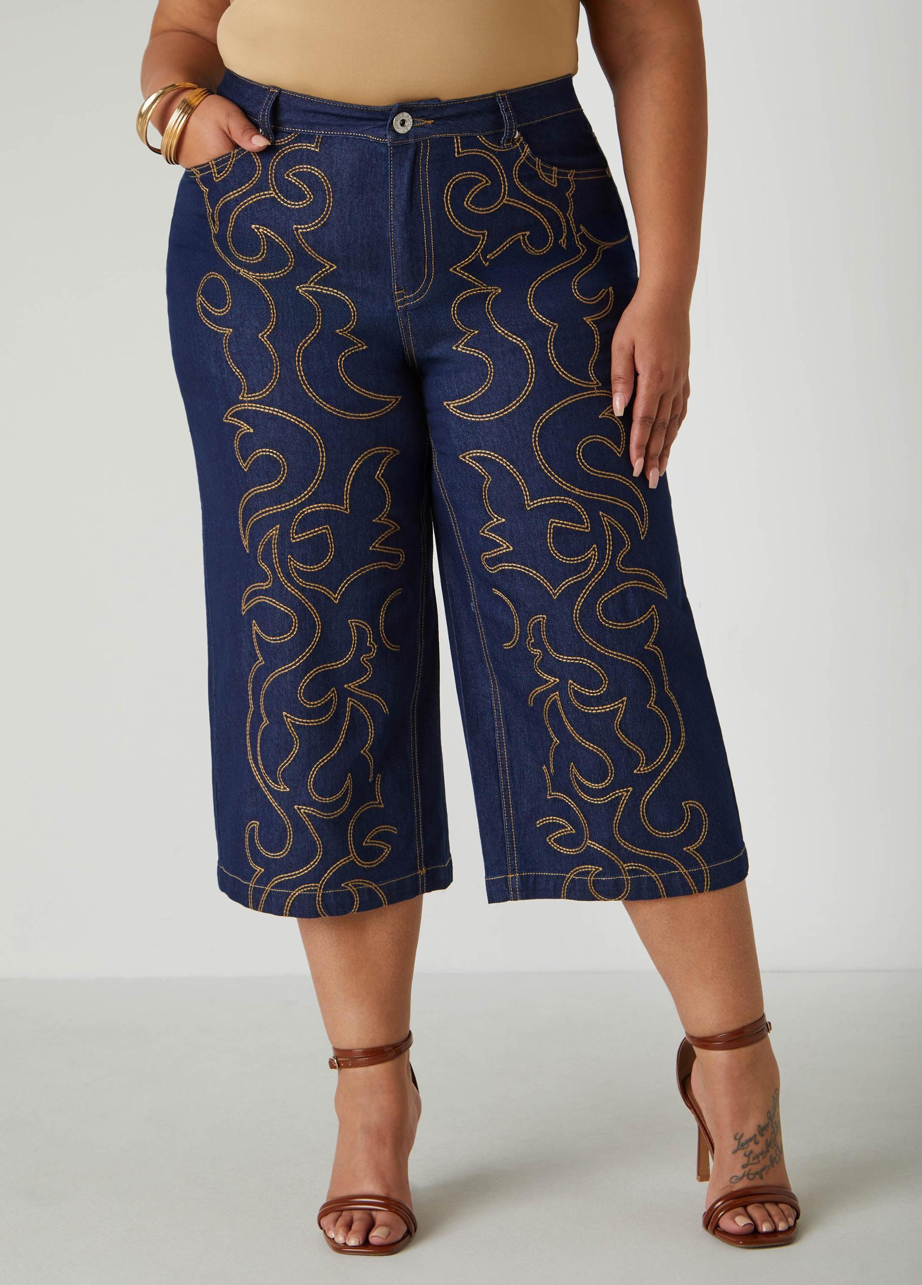 Embroidered Denim Capris Product Image