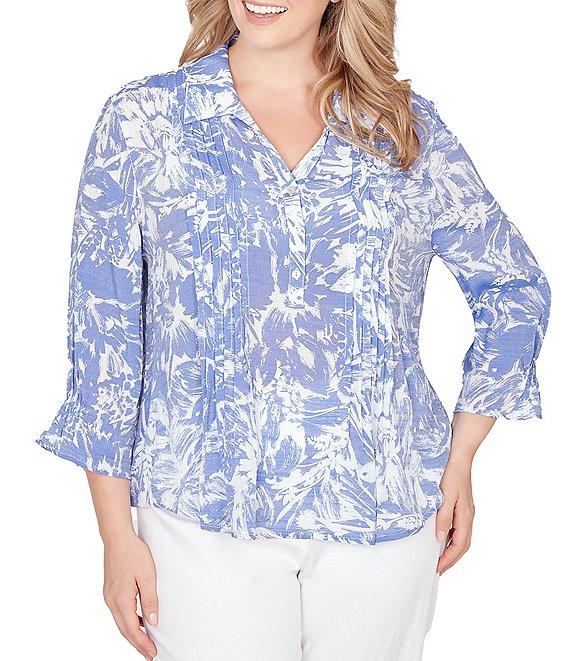 Ruby Rd. Plus Size Silky Slub Woven Brushstroke Floral Collared V-Neck 3/4 Sleeve Top Product Image