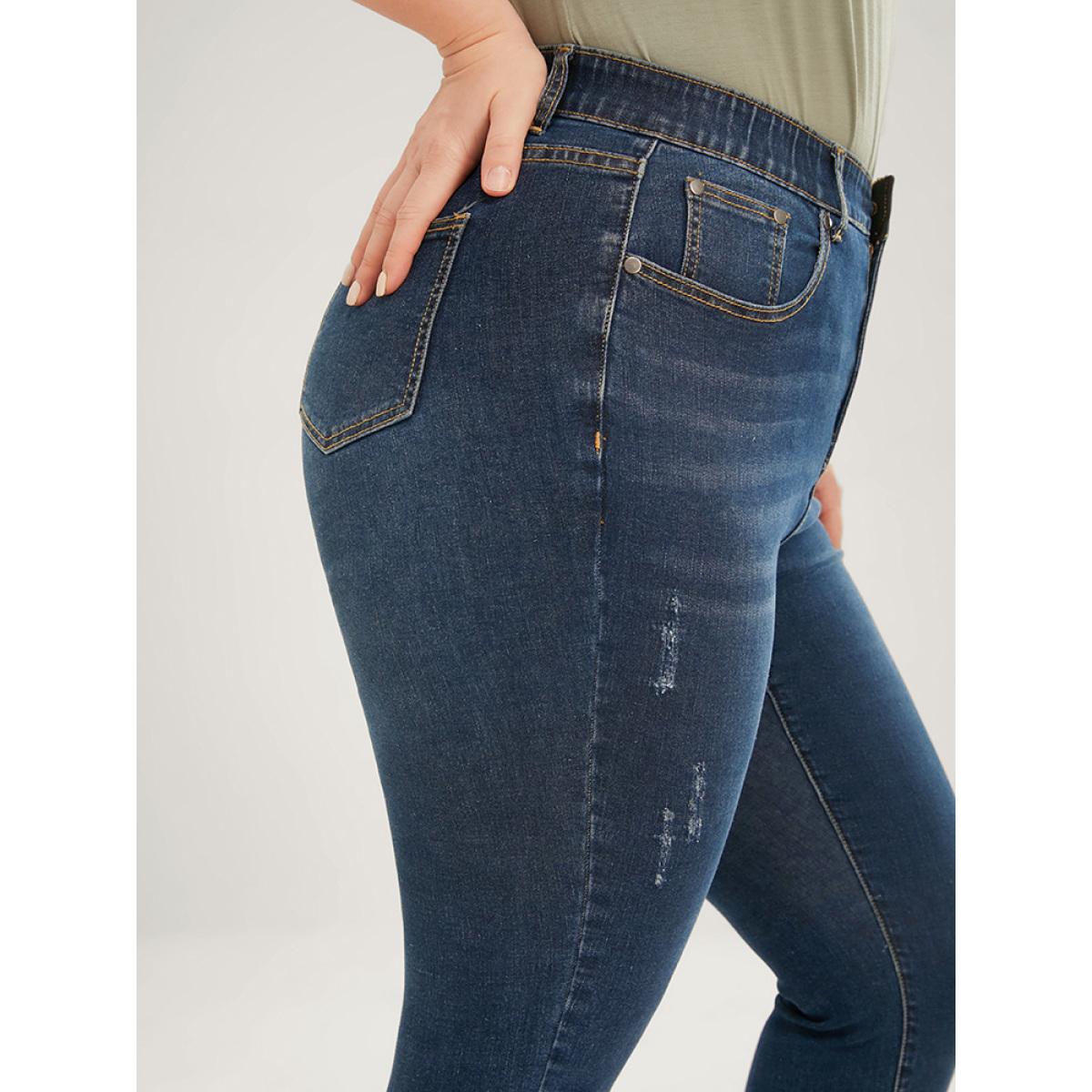 Plus Size Skinny Very Stretchy Mid Rise Dark Wash Gap Proof Jeans Women DarkBlue Casual Plain Tummy control High stretch Pocket Jeans BloomChic 30/6X Product Image