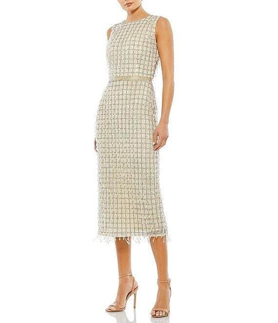 Mac Duggal Beaded Boat Neck Sleeveless Sheath Midi Dress Product Image