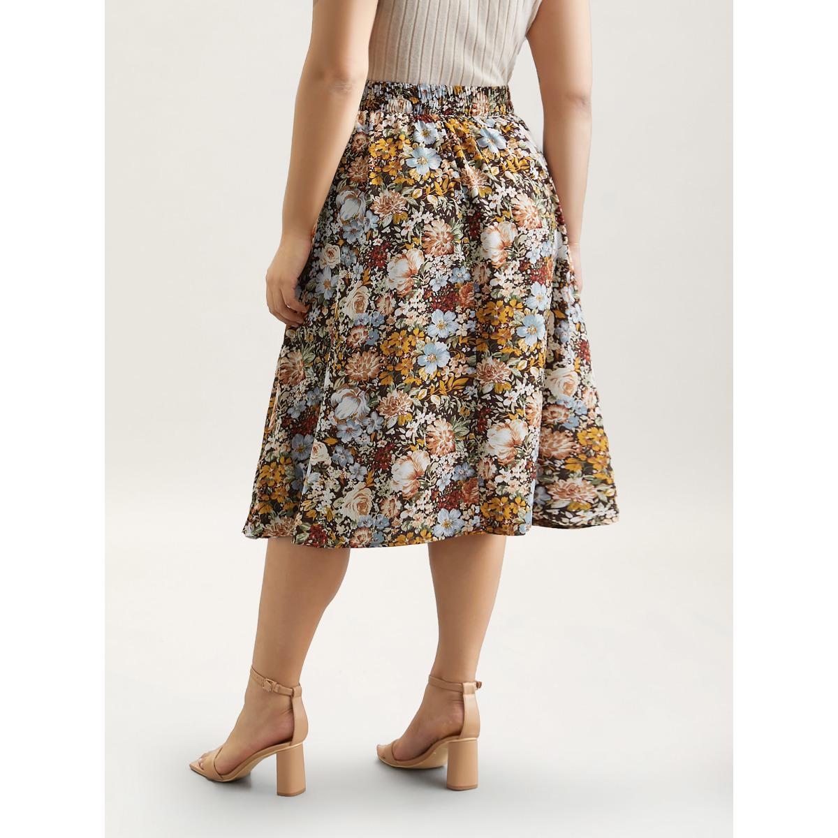 Plus Size Floral Print Stretchy-Waist Midi Skirt Women Multicolor Elegant Contrast No stretch Side seam pocket Everyday Skirts BloomChic 10/M Product Image