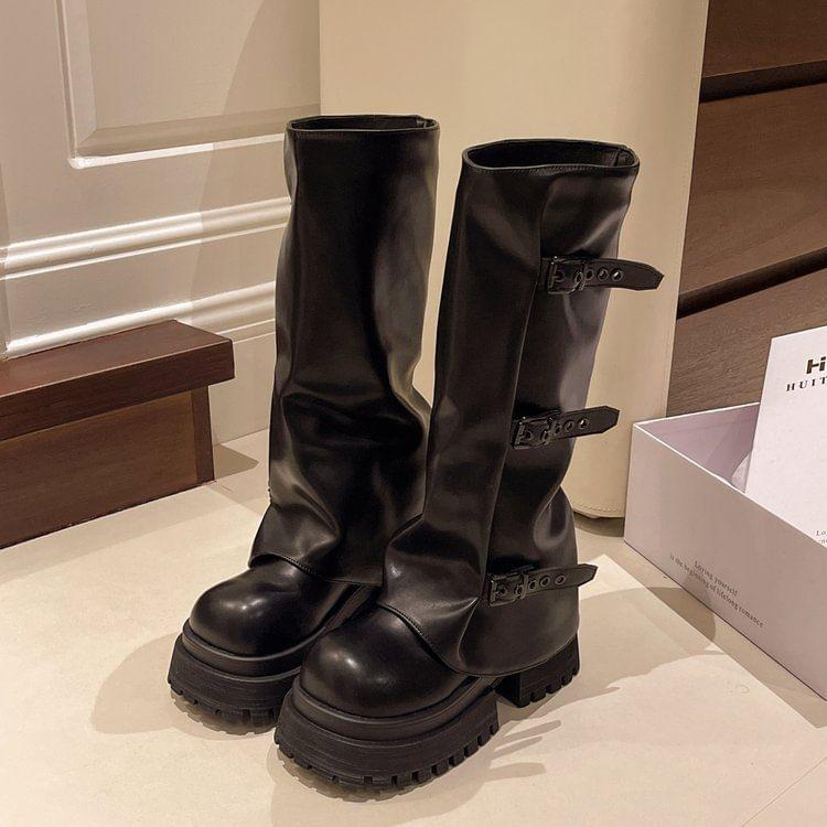 Platform Buckled Panel Knee High Boots Product Image