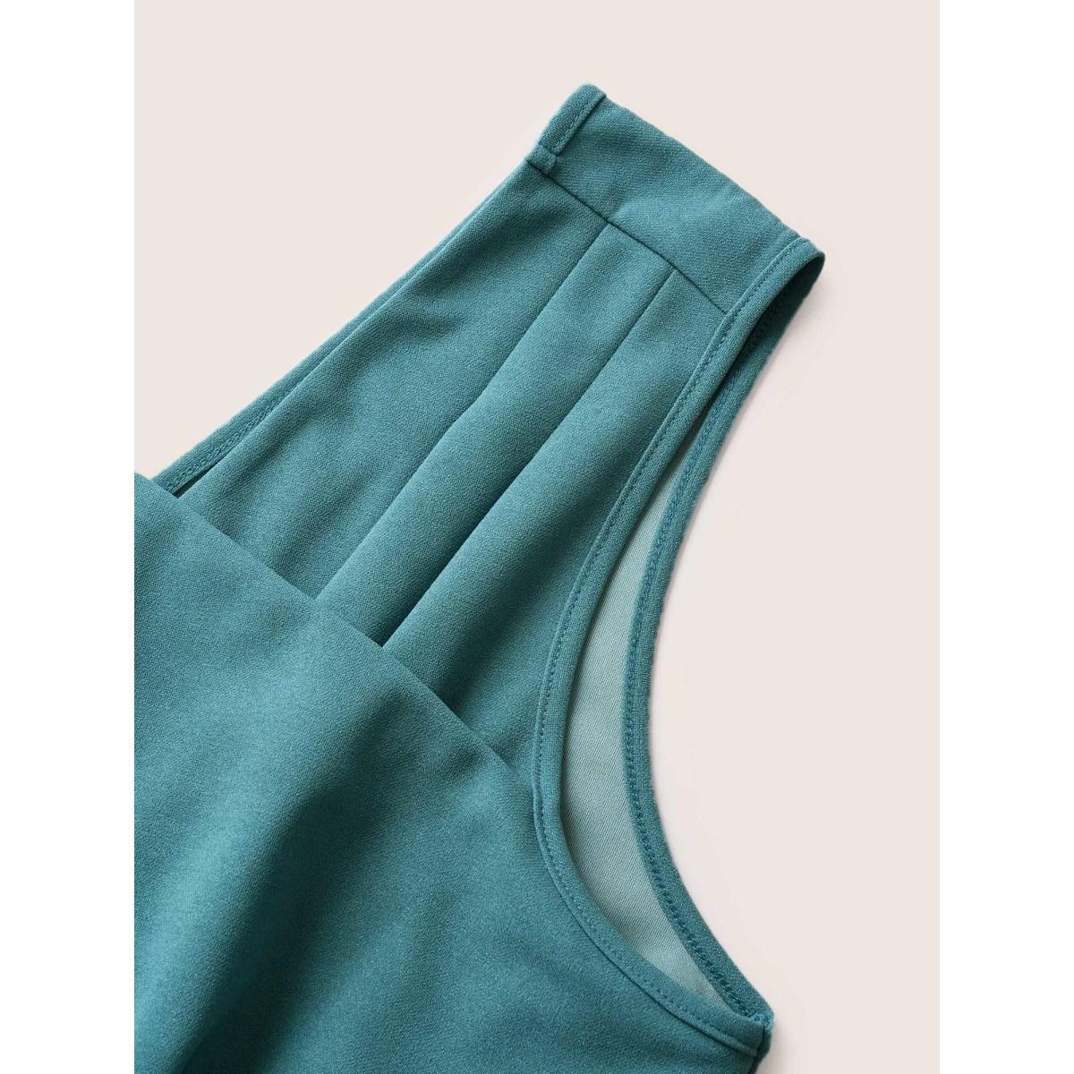 Plus Size Asymmetrical Neck Pleated Belted Sleeveless Dress Emerald Women At the Office Non Asymmetrical Neck Sleeveless Curvy Midi Dress BloomChic 22-24/3X Product Image